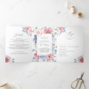 Dusty Blue en Pink Floral Botanical Wedding Drieluik Uitnodiging