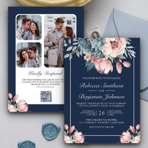 Dusty Blue en Pink Floral Navy QR Code Weddenschap Kaart