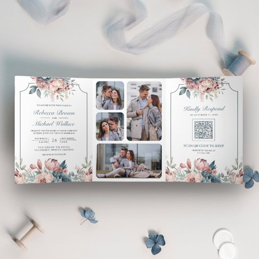 Dusty Blue en Pink Floral QR Code Weddenschap Drieluik Uitnodiging
