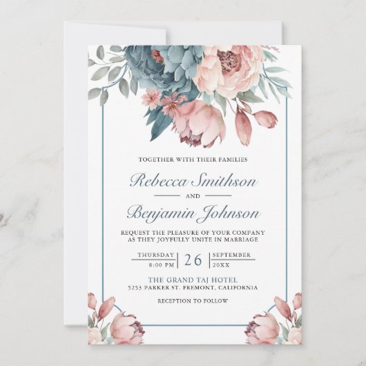 Dusty Blue en Pink Floral QR Code Weddenschap Kaart (Voorkant)