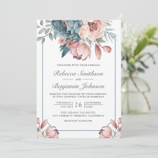 Dusty Blue en Pink Floral QR Code Weddenschap Kaart (Staand voorkant)