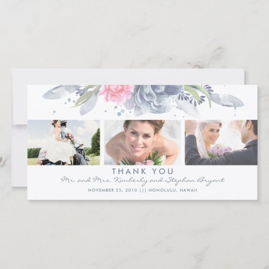 Dusty Blue en Pink Floral Weddenschap Bedankt (Voorkant)