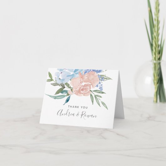 Dusty Blue en Pink Floral Wedding Bedankkaart (Voorkant)