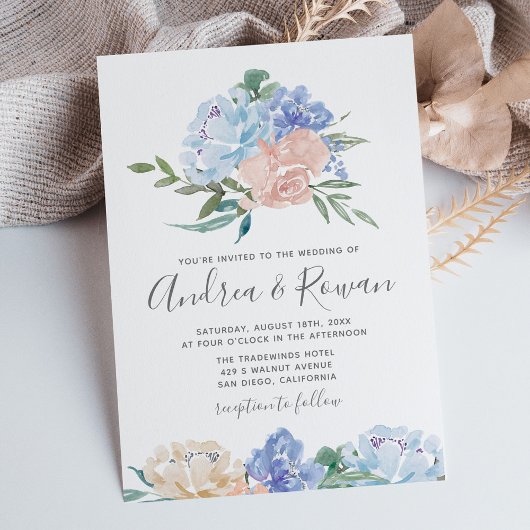 Dusty Blue en Pink Floral Wedding Invitations Save The Date