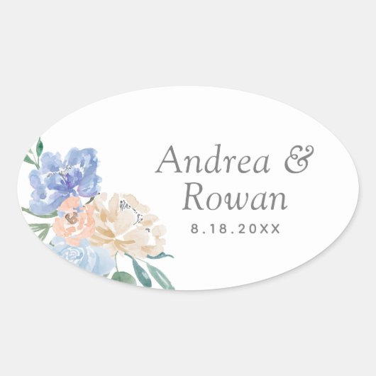 Dusty Blue en Pink Floral Wedding Ovale Sticker (Voorkant)