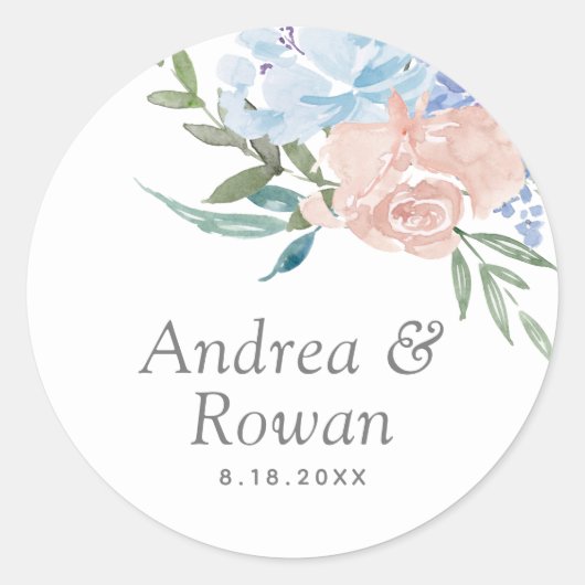 Dusty Blue en Pink Floral Wedding Ronde Sticker (Voorkant)