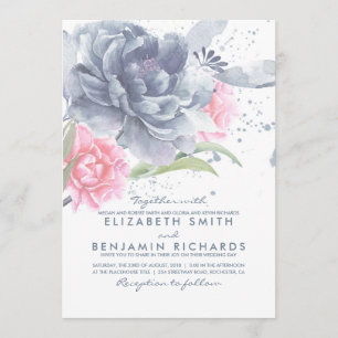 Dusty Blue en Pink Waterverf Flowers Wedding Kaart