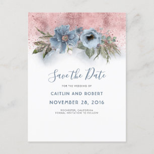 Dusty Blue en Roos Gold Floral Save the Date Aankondigingskaart