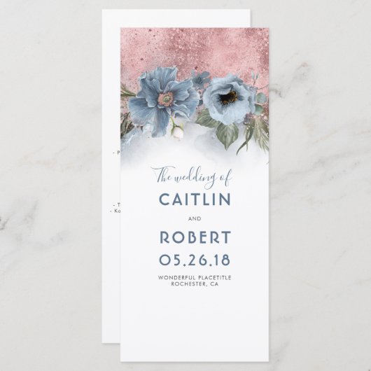 Dusty Blue en Roos Gold Floral Wedding-programma's Programma (Voorkant / Achterkant)