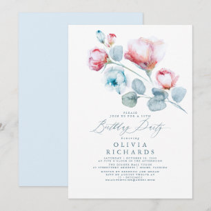 Dusty Blue en roze Romantic Floral Birthday Kaart