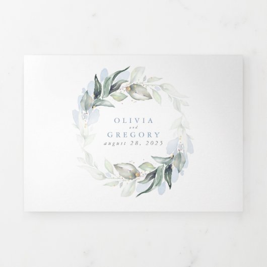 Dusty Blue en Sage Elegant Greenery Wedding Drieluik Uitnodiging (Cover)