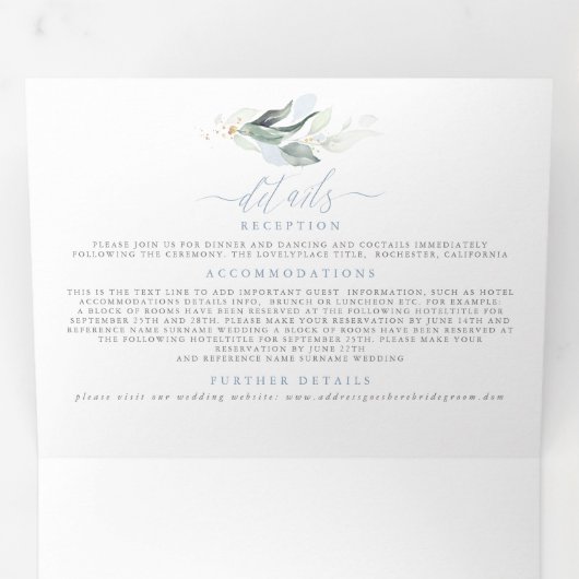 Dusty Blue en Sage Elegant Greenery Wedding Drieluik Uitnodiging (Binnenzijde eerst)