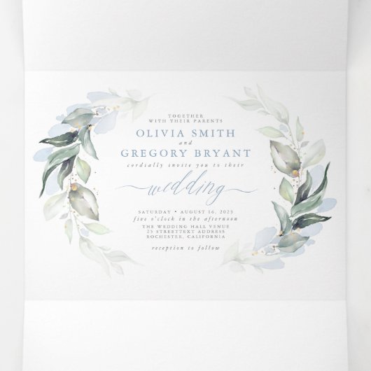 Dusty Blue en Sage Elegant Greenery Wedding Drieluik Uitnodiging (Binnenkant midden)