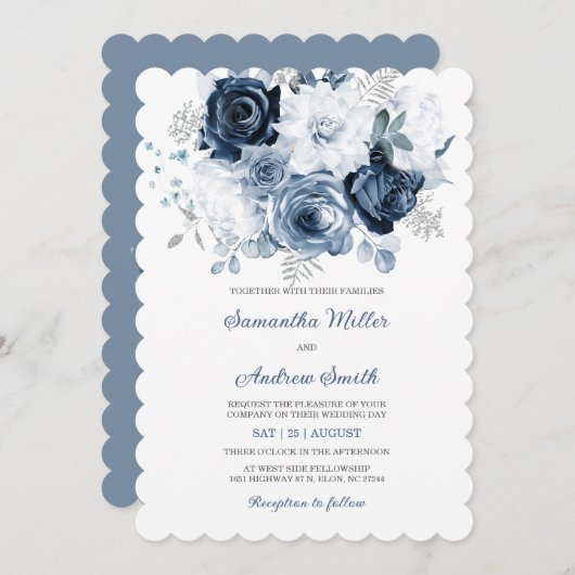 Dusty Blue en Silver bruiloft uitnodiging (Voorkant / Achterkant)