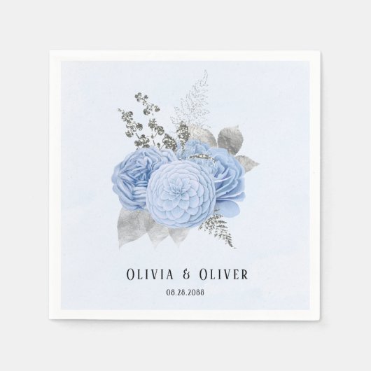 Dusty Blue en Silver Floral Wedding Servet (Voorkant)