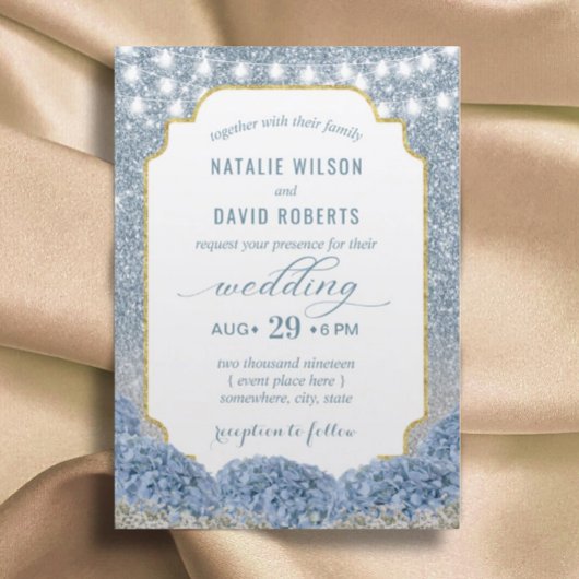 Dusty Blue en Silver Glitter Modern Floral Wedding Kaart