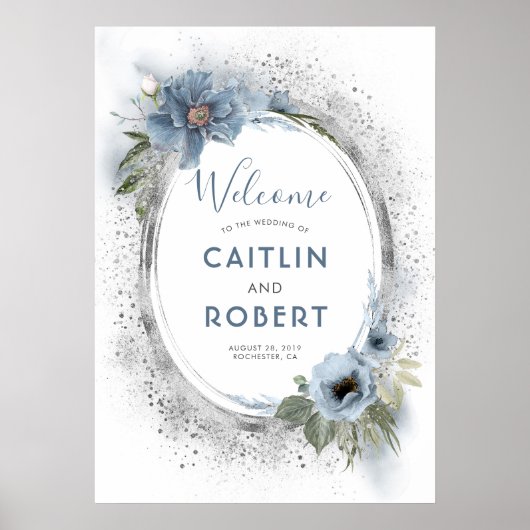 Dusty Blue en Silver Glitter Wedding Sign Poster (Voorkant)