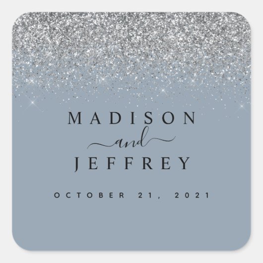 Dusty Blue en Silver Glitter Wedding Vierkante Sticker (Voorkant)