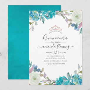 Dusty Blue en Turquoise Floral Quinceañera Kaart