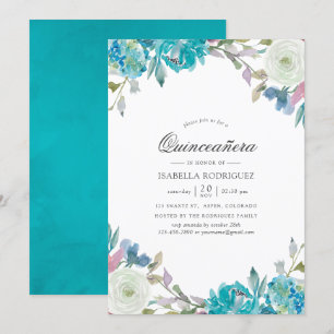 Dusty Blue en Turquoise Floral Quinceañera Kaart