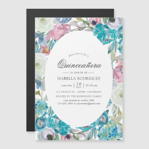 Dusty Blue en Turquoise Floral Quinceañera Magnetische Uitnodiging