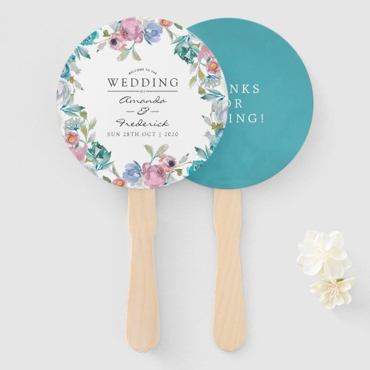 Dusty Blue en Turquoise Floral Wedding Favor Handwaaier (Voorkant en achterkant)