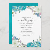 Dusty Blue en Turquoise Floral Wedding Kaart (Voorkant / Achterkant)