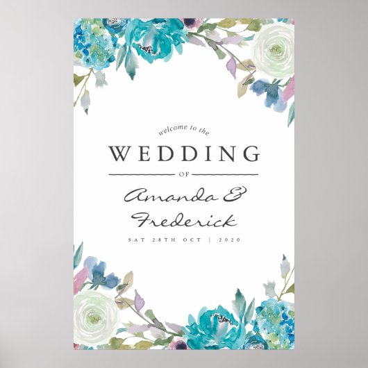 Dusty Blue en Turquoise Floral Wedding Welcome Poster (Voorkant)