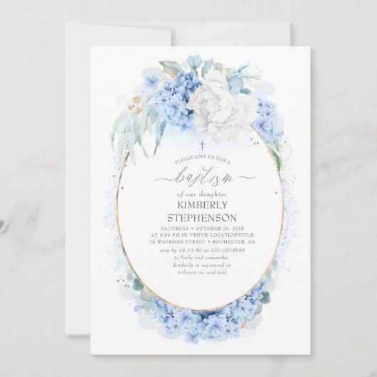 Dusty Blue en White Floral Baptism Kaart (Voorkant)