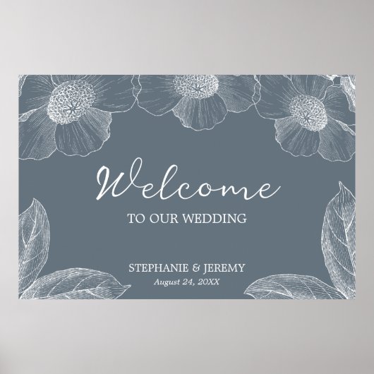 Dusty Blue en White Floral Line Art Poster (Voorkant)