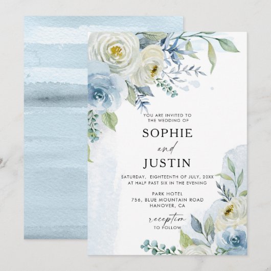 Dusty Blue en White Floral Wedding Invitation Kaart (Voorkant / Achterkant)