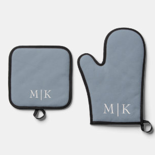 Dusty Blue en White Modern monogram Ovenwant & Pannenlap Set