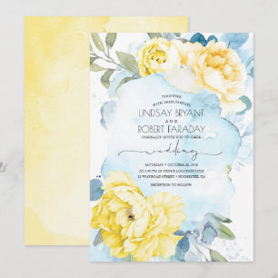 Dusty Blue en Yellow Floral Wedding Invitation Kaart