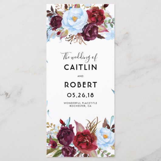 Dusty Blue et Bourgogne Floral Wedding Programmes (Devant)