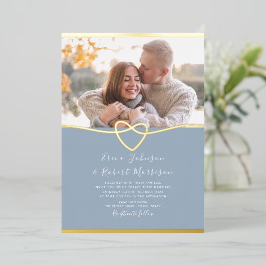 Dusty Blue et Gold Faire-part de mariage avec phot (Debout devant)