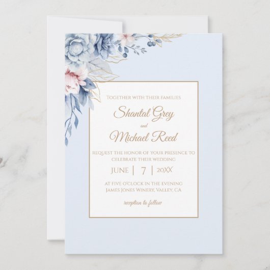 Dusty Blue et Gold Floral Faire-part de mariage (Devant)
