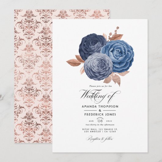 Dusty Blue et Rose Gold Floral Faire-part de maria (Devant / Derrière)