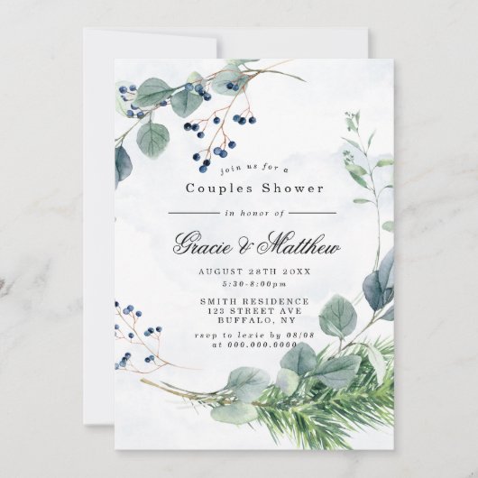 Dusty Blue Eucalyptus Couples Invitations de douch (Devant)