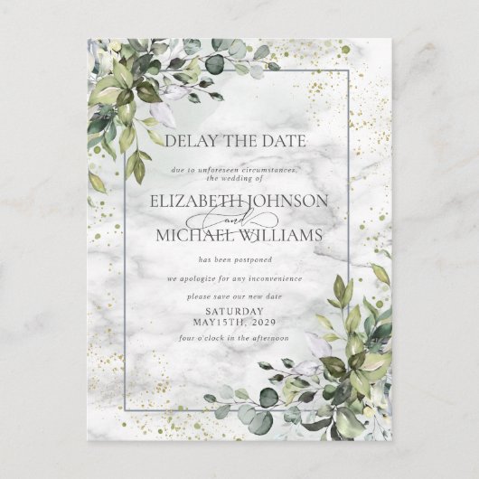 Dusty Blue Eucalyptus Greenery Marble Delay Date Briefkaart (Voorkant)