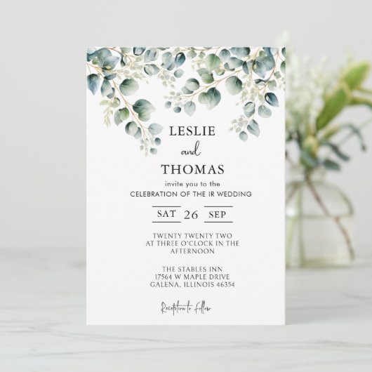 Dusty Blue Eucalyptus Greenery Succulent Wedding Kaart (Staand voorkant)