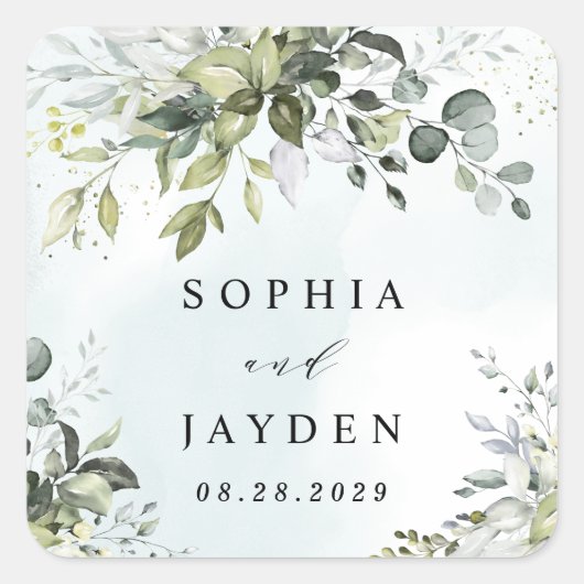 Dusty Blue Eucalyptus Greenery Succulent Wedding Vierkante Sticker (Voorkant)