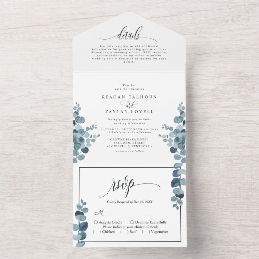 Dusty Blue Eucalyptus Greenery Wedding All In One Uitnodiging (Binnen)