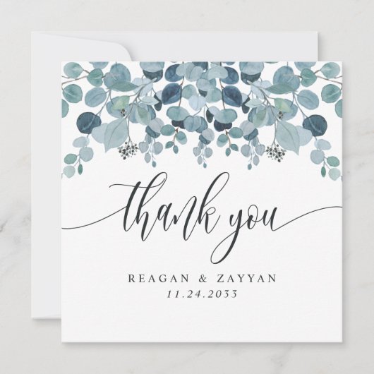 Dusty Blue Eucalyptus Greenery Wedding Bedankkaart (Voorkant)