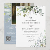 Dusty Blue Eucalyptus Leaves Wedding QR Code Foto Kaart (Voorkant / Achterkant)