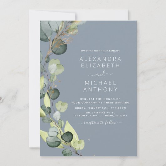 Dusty Blue Eucalyptus Rustic Greenery Wedding Kaart (Voorkant)