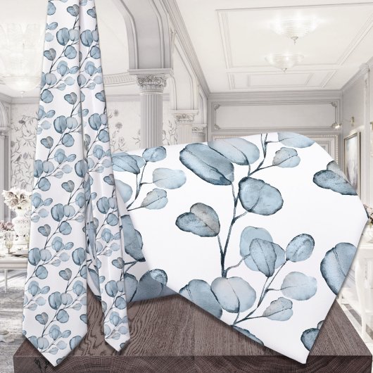 Dusty Blue Eucalyptus Sprigs White Wedding Stropdas
