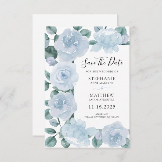 Dusty Blue Eucalyptus Waterverf Bloemenbruiloft Save The Date (Voorkant / Achterkant)