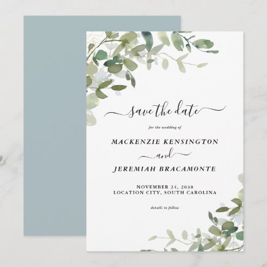 Dusty Blue Eucalyptus Weddenschap Save the Date (Voorkant / Achterkant)