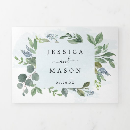 Dusty Blue Eucalyptus Wedding Tri-Fold Invitations Drieluik Uitnodiging (Cover)