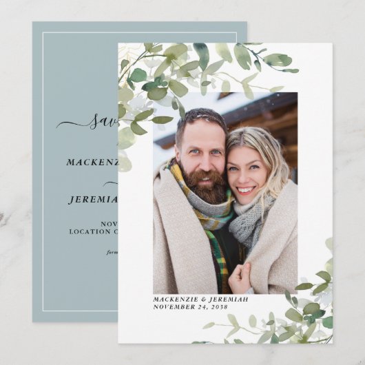 Dusty Blue Eucalyptus Weduwfoto Save the Date (Voorkant / Achterkant)
